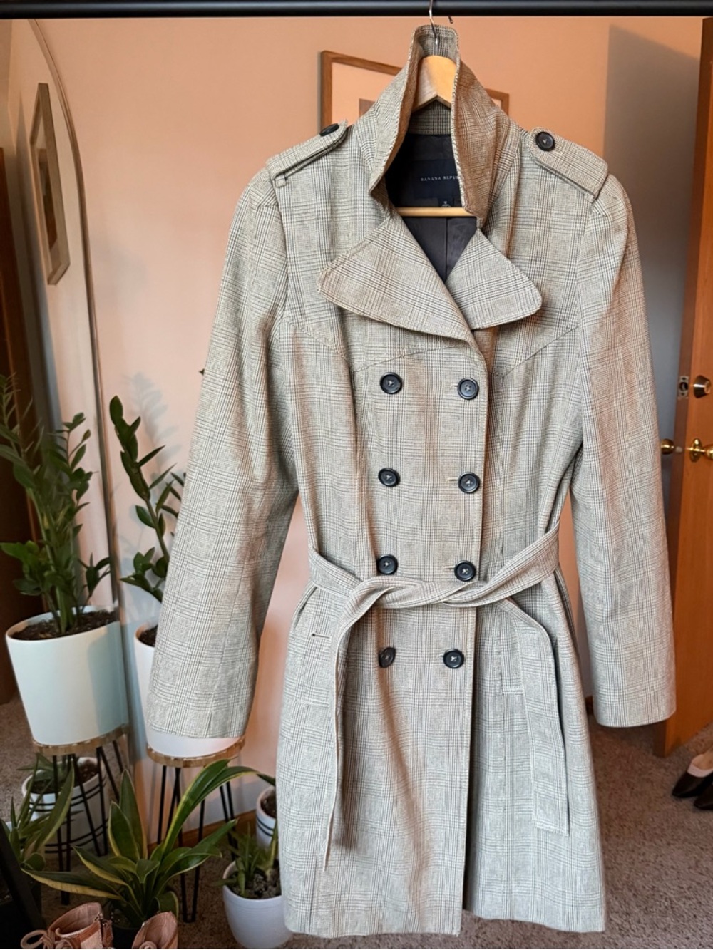 Banana Republic Tan Plaid Double-Breasted Trench Coat